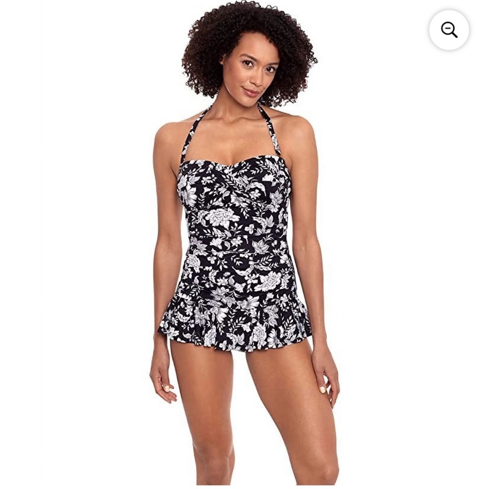 Ralph Lauren BLACK Printed Tummy-Control Swim Dress, US size 10 new